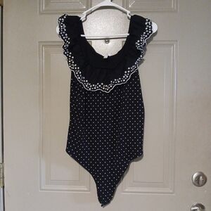 Lauren Conrad Bodysuit Womens Size XL Black White Dots Floral Embroidery Tongue